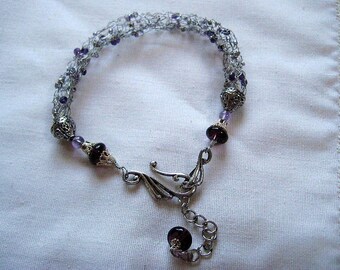 Wire wrapped  knitted with wire bracelet in amethyst and silver-   a perfect  gift under 40USD