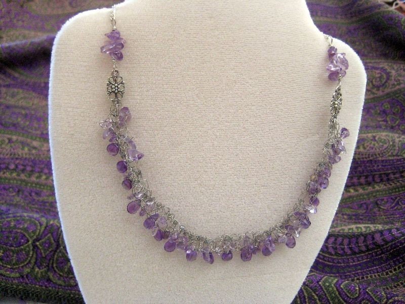Amethyst gemstone  in knitted silver wire necklace