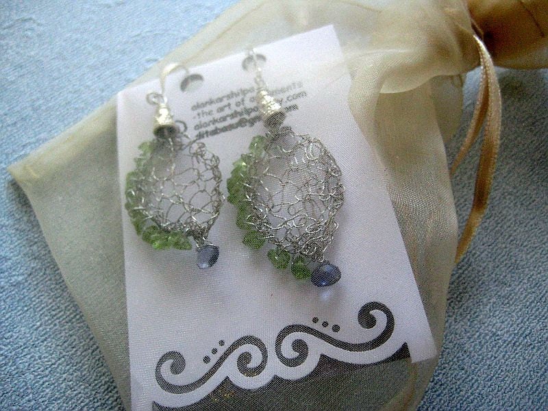 Valentine Special - A Wire knit earring -lacy  silver leaf  with peridot and one iolite teardrop