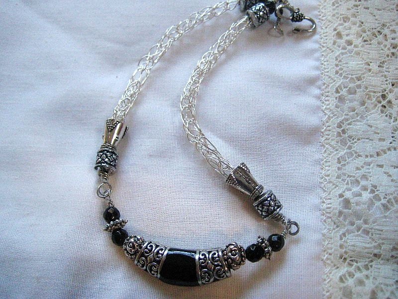 Knitted with wire jewelry -Wire wrapped viking knit necklace in silver and black onyx