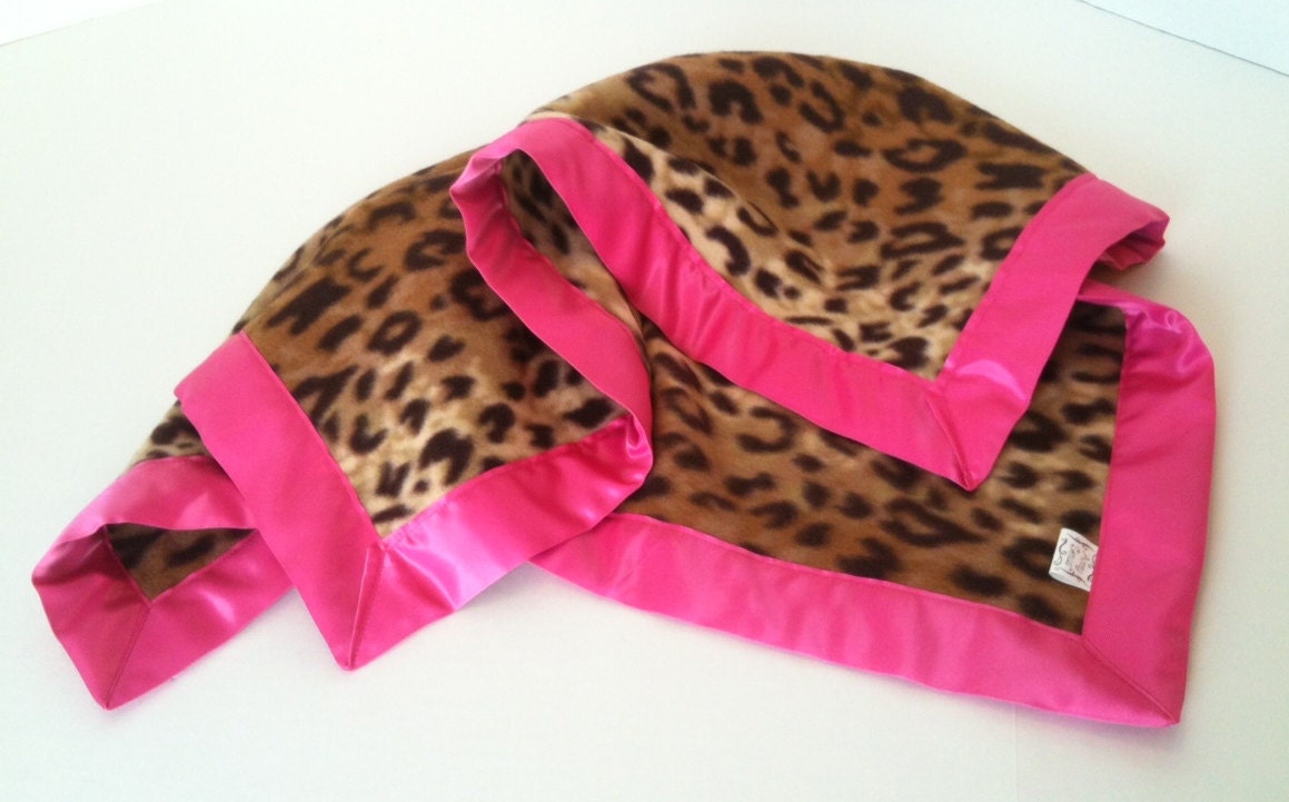 Leopard Fleece Baby Blanket with Hot Pink Binding