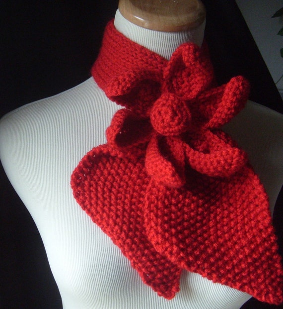 Vintage Inspired Ascot Necktie - LOTUS FLOWER DESIGN In Cherry RED / WIDER NECK DESIGN