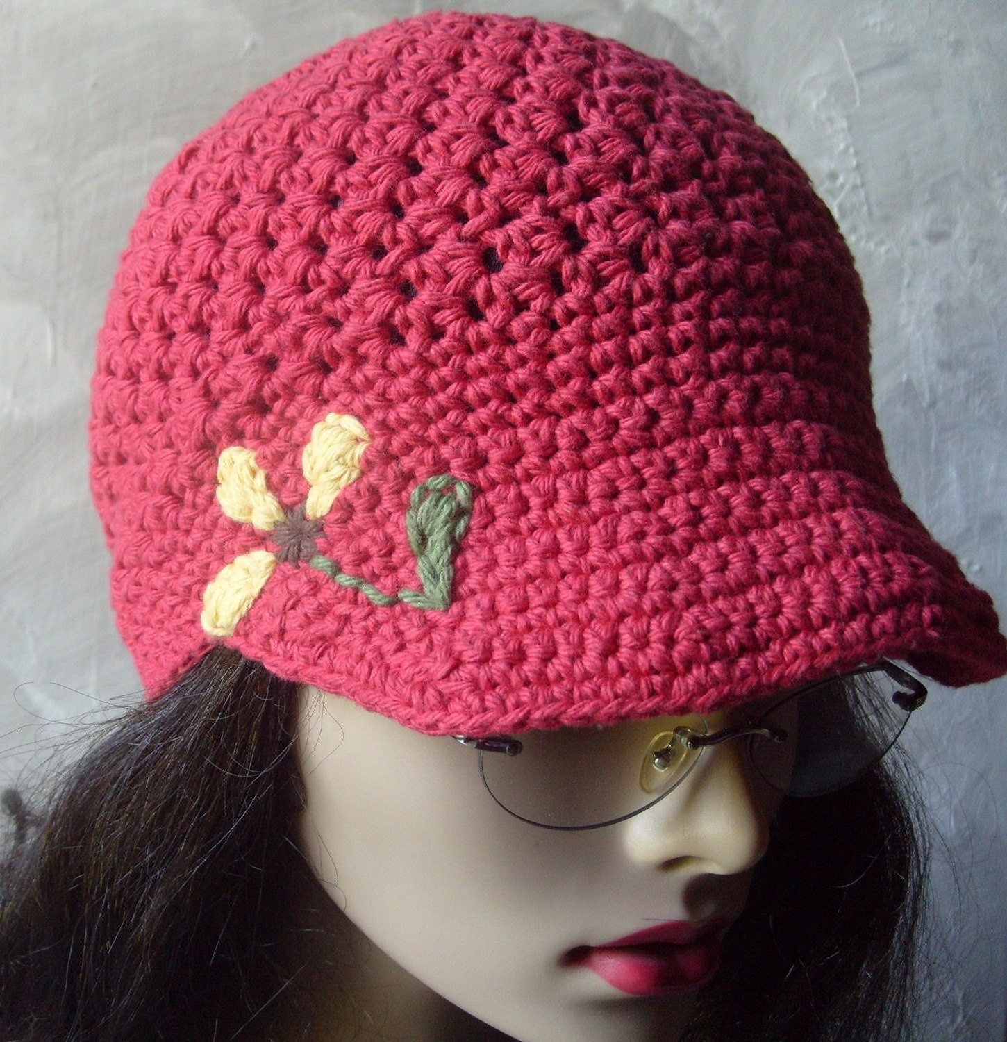 Brimmed Beanie/Newsboy Hat  w/Hand Embroidered Flower - COUNTRY RED