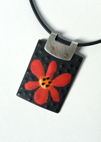 Enameled Pendant with Red Flower