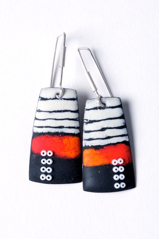 Long Sgraffito Enameled Earrings in Red/Orange