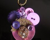 Button Pendant Handmade ...on antique brass chain... OOAK Purple Violet Pink Steampunk