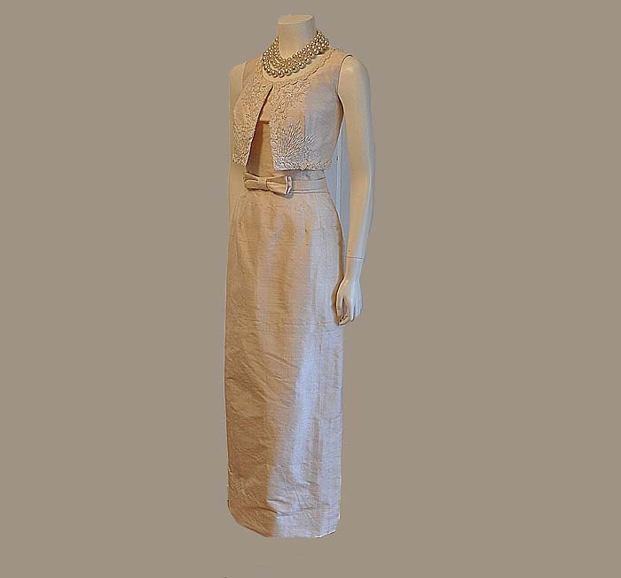1950s wedding dress / Vintage 50's Winter White Raw Silk Long Strapless Dress and Beaded Jacket