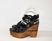70s Platform shoes /  Vintage 1970s Black Wood Monster Platform Wedge Shoes