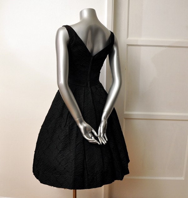 Vintage 50's Black Bow Ribbons Cocktail Party Full Skirt Dress