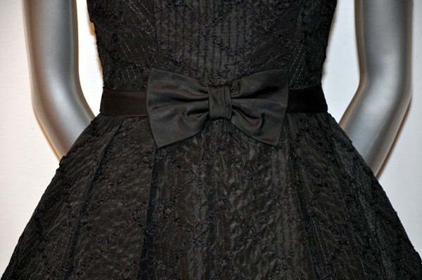 Vintage 50's Black Bow Ribbons Cocktail Party Full Skirt Dress