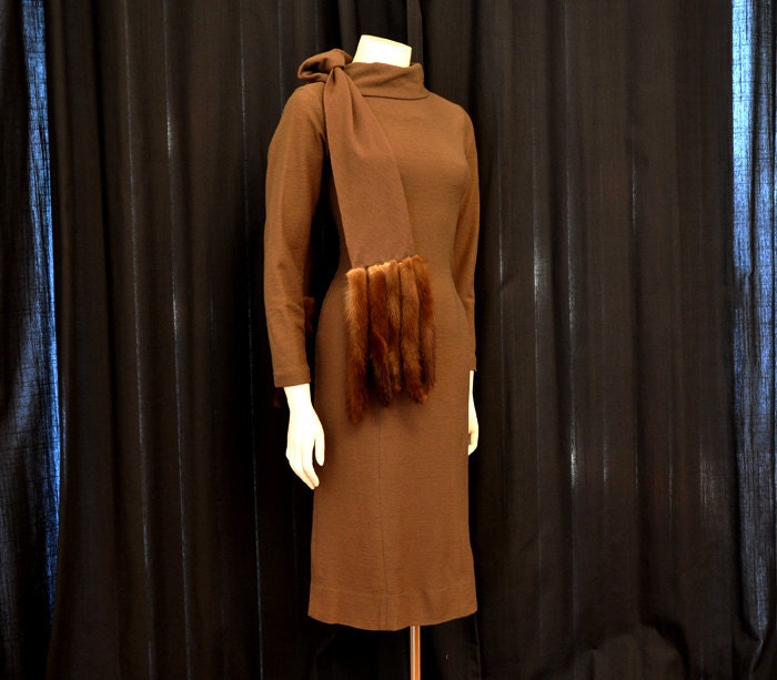 1960s dress / The Clever Minx Vintage 60's Eisenberg Bombshell Wiggle Dress Fur Tail Wrap