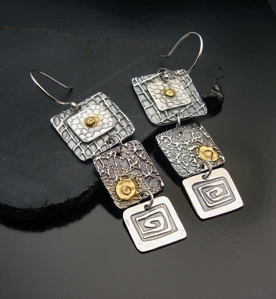 SALE Attention Grabbers WOW Fine Silver and 24K Gold Three Square Dangle Earrings