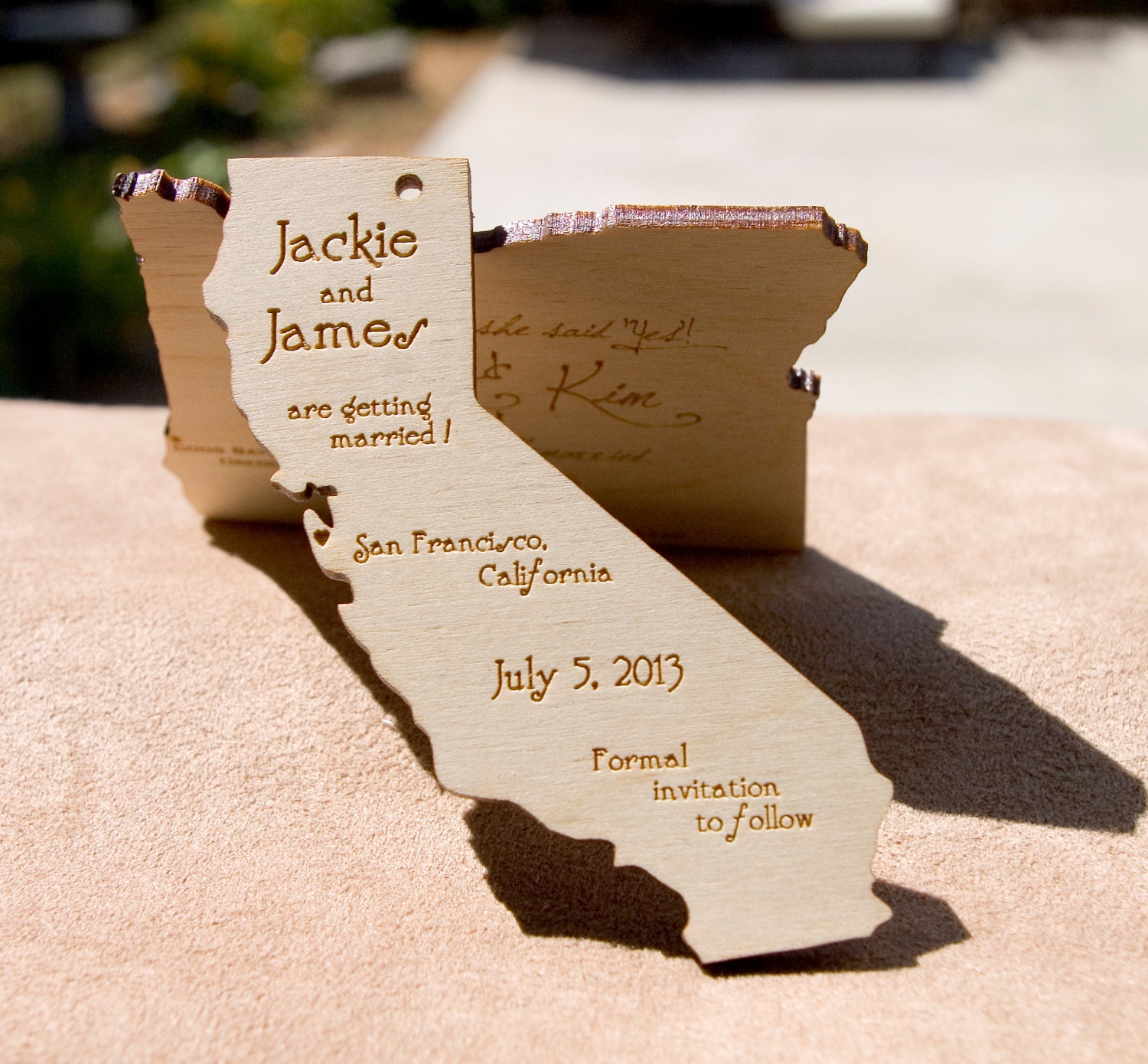State shaped engraved wood save the date invitations