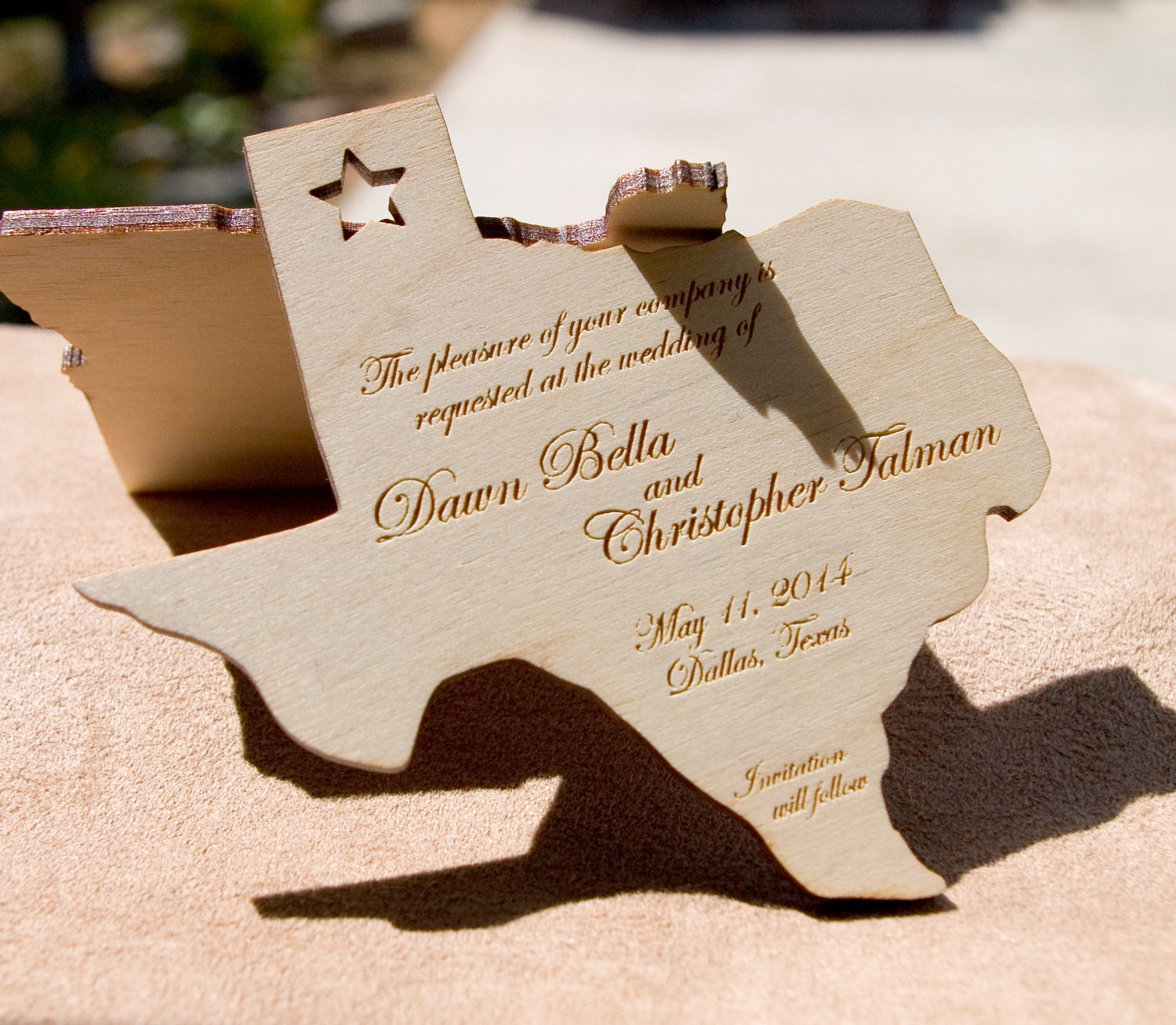 State shaped engraved wood save the date invitations