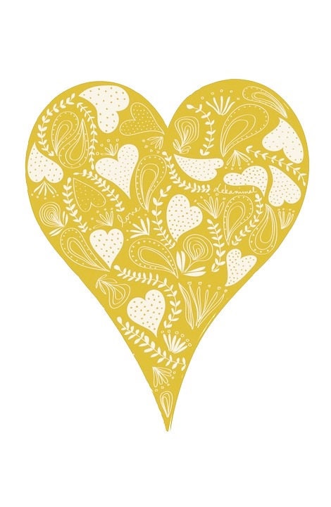 in Love Yellow Heart Wall Art illustration Flower Pattern Wedding gift Birthday Anniversary Home decor Children art
