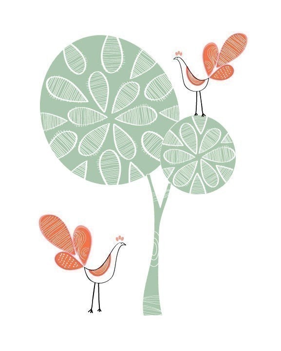 Flower Tree Print / Green tree and little Orange birds