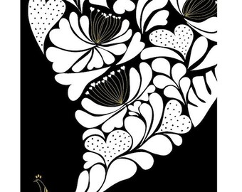 Little Flower Peacock Print - Black - Wall art Wedding Birthday Annivesary gift Home Decor Children decor, kids room Flower Baby Nursery