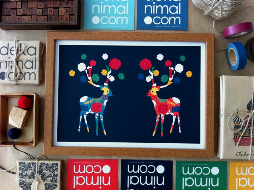 Lovely Deers/ Wedding Series / Turquoise and Red / Dark Navy Background