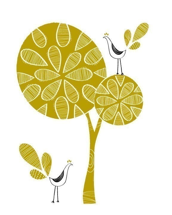 Flower Tree Print / Peacock Bird Illustration Modern Home decor Wedding anniversary gift idea Love Golden Yellow