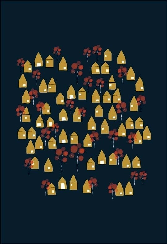 A little Lovely Town Print / Golden Yellow and Red Home and Garden Bedrrom art Modern Home Wedding gift Anniversary