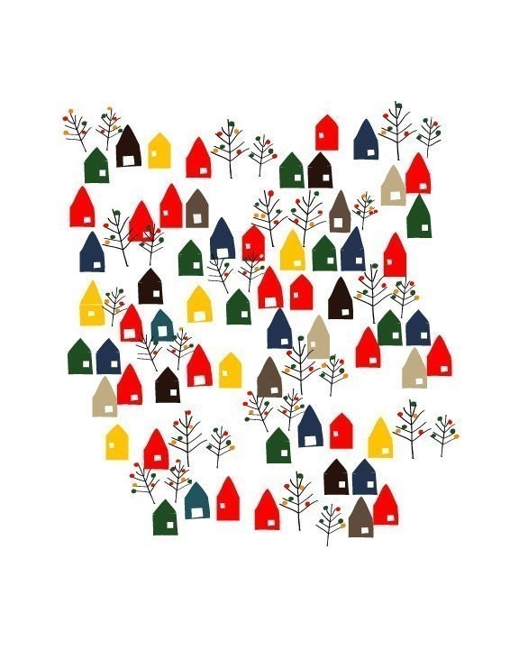 A little Lovely Town Print / Golden Yellow and Red Home and Garden Bedrrom art Modern Home Wedding gift Anniversary