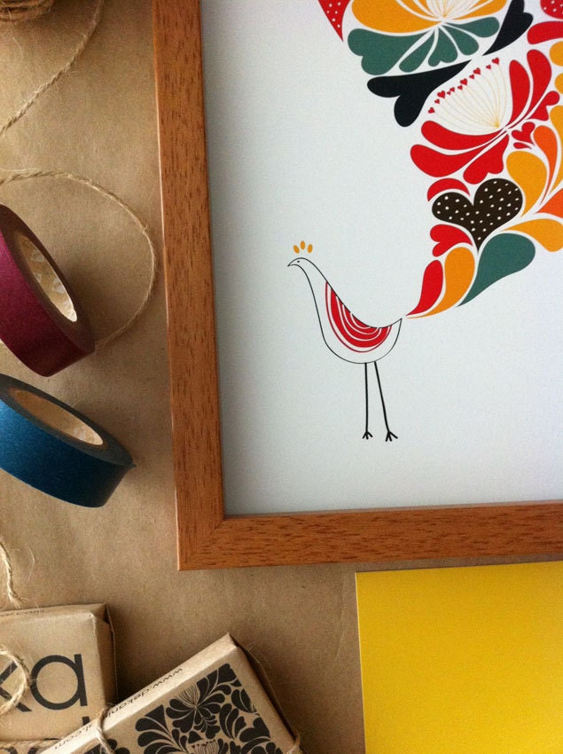 A Lovely Peacock Print Red Feather Bird Animal Illustration Modern Home and Garden Wedding Birthday Gift Idea Children Art