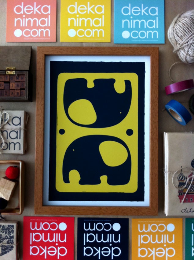 Little Elephants Print / Golden Yellow and Navy Background
