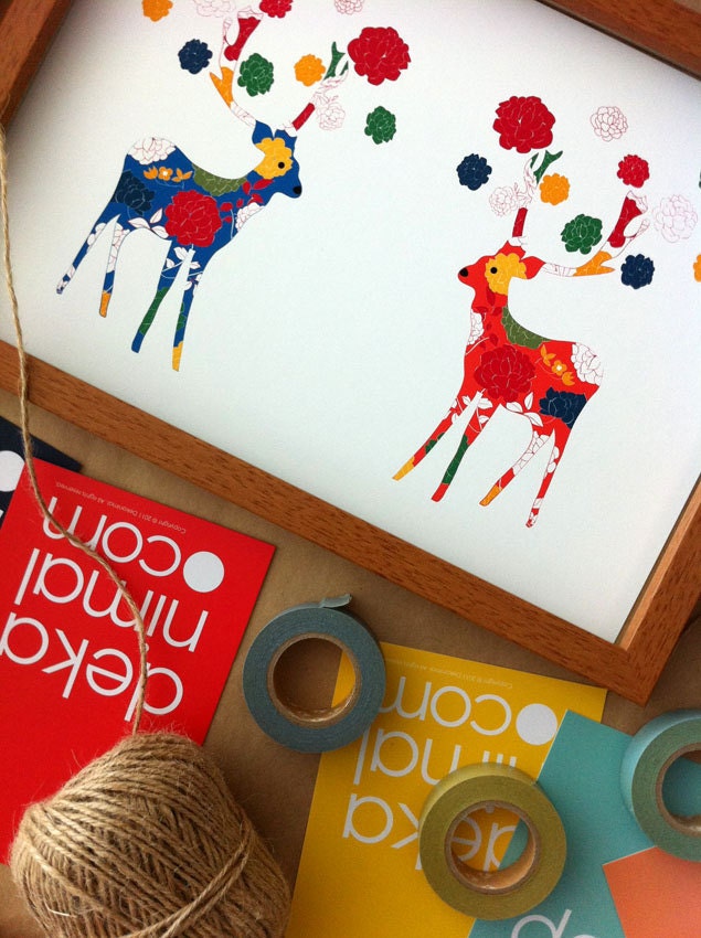 Little Elephants Print / Golden Yellow and Navy Background