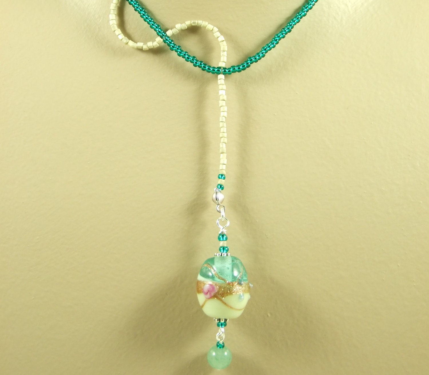 Teal Jewellery SET - Teal Jade & Beige Wave Pendant Necklace and Earrings