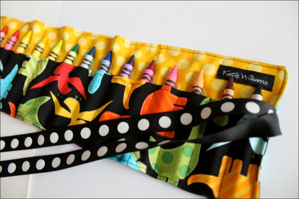 Dinosaurs and Yellow Polka Dots Crayon Roll-16 Crayons Included-Great Gift or Valentines Day Gift or Easter Basket Gift