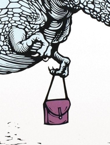 Dinosaur print - T-Rex with a handbag linocut