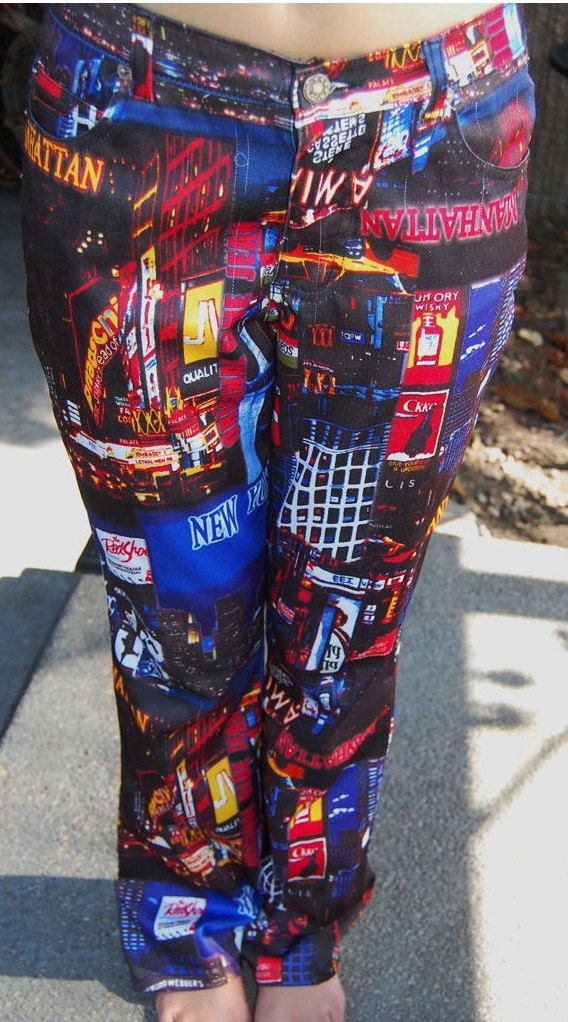 Vintage 90s Vibrant Pants - Print New York Graphic Printed - neon lights city
