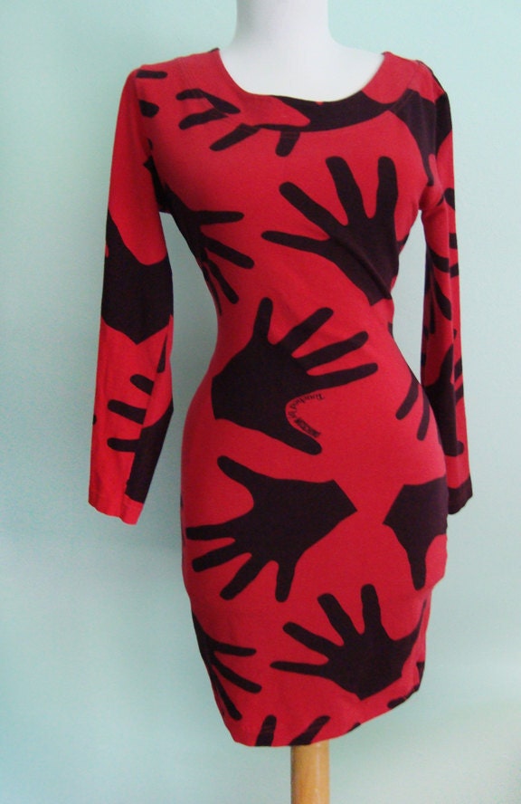 reserved until weds 90s MOSCHINO Dress - hand print bodycon - red black