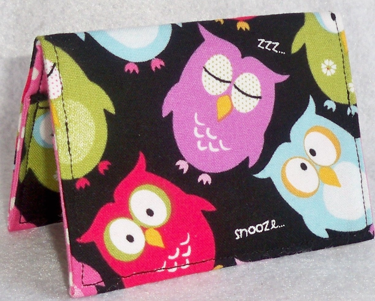 Sleepy Owl on black Handmade mini wallet - card holder
