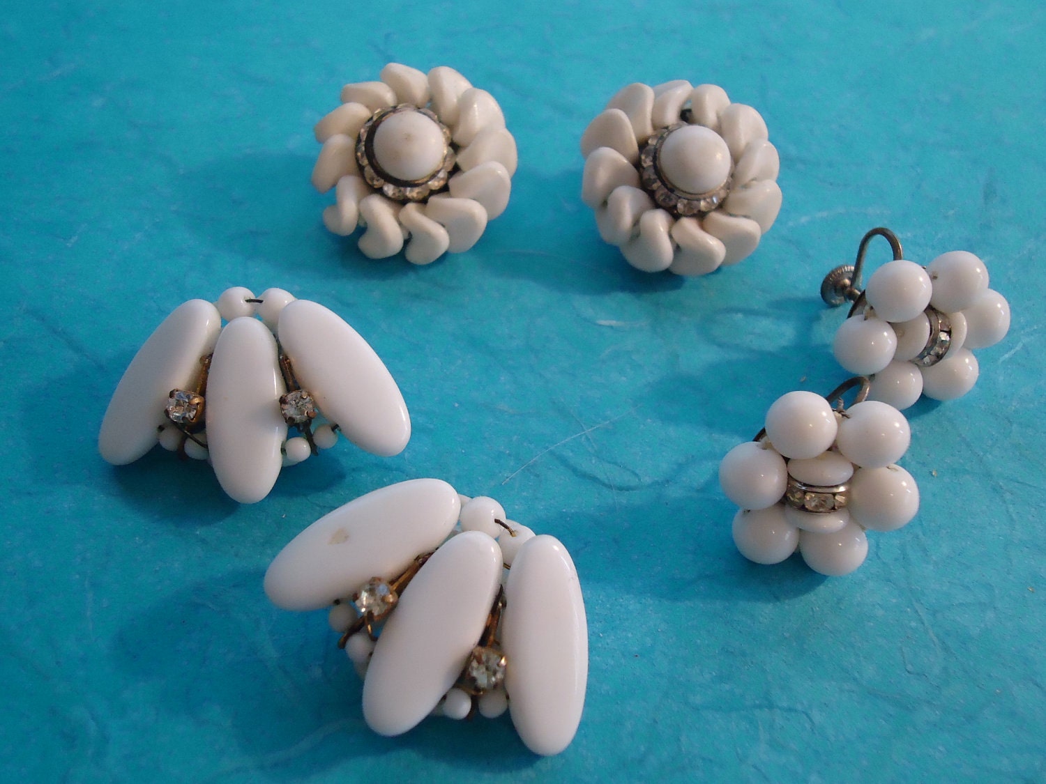 Vintage 50s White Glass and Rhinestone Earrings 3 Pair