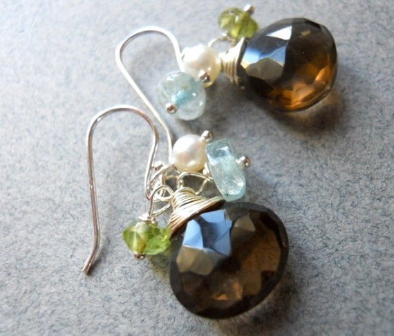 Items similar to Smoky Quartz, Peridot, Aquamarine and Pearl Trio Earring on Etsy