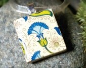 Striking Blue, an Italian print flower Scrabble tile Pendant in a tiny slide top box (Pendant, Ribbon Necklace in Tin Set) -033-