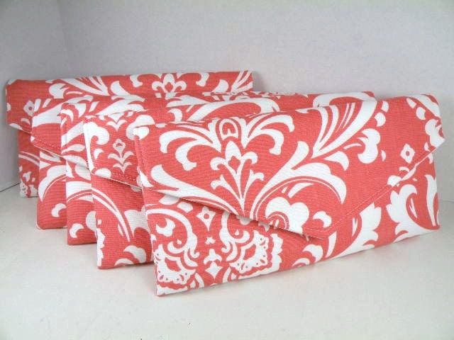 Bridal Pack 5 Envelope Clutches/Evening Bag/Purse/Wedding/Bridesmaid Gift--Coral & White-OZBORNE Damask--10% Discount
