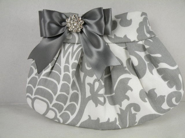 Pleated Clutch Evening Bag Purse Weddings  Bride Bridesmaid--Gray and White AMSTERDAM with Pewter Satin Bow and Clear Crystal