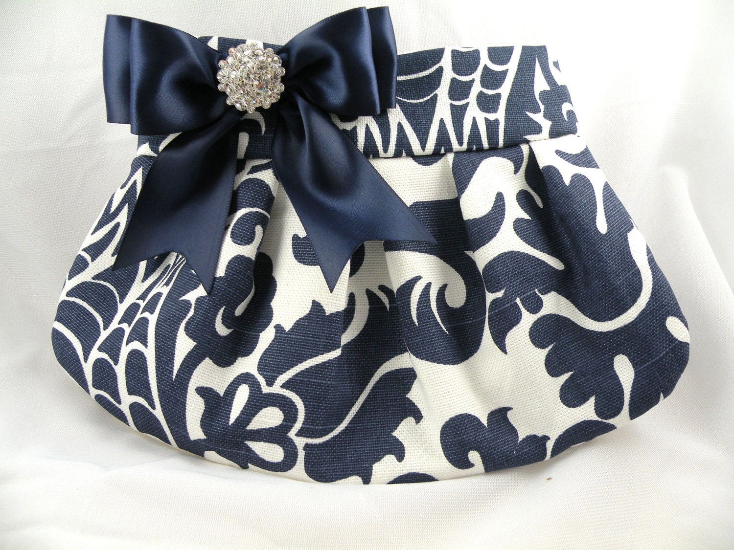 Pleated Clutch  Evening Bag  Purse  Wedding  Bridesmaid  AMSTERDAM  Navy and White with Navy Satin Bow and Crystal