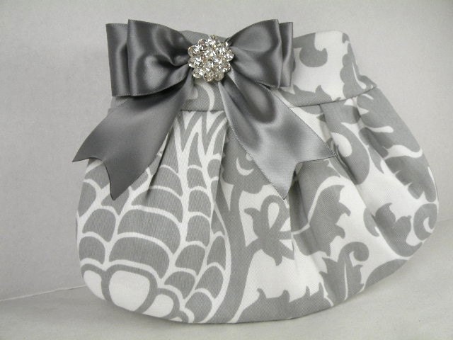 Pleated Clutch Evening Bag Purse Weddings  Bride Bridesmaid--Gray and White AMSTERDAM with Pewter Satin Bow and Clear Crystal
