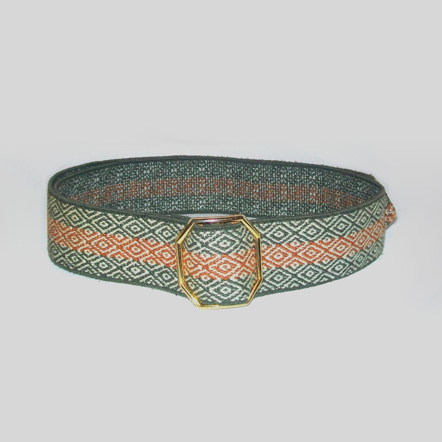 1970s belt / vintage 70s belt / canvas / OSFA / Avocado and Burnt Orange Belt