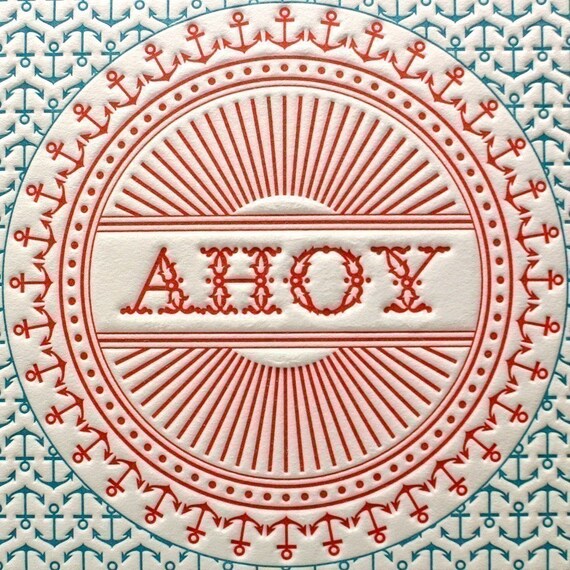 Letterpress Print Anchor Ahoy There Red & Blue