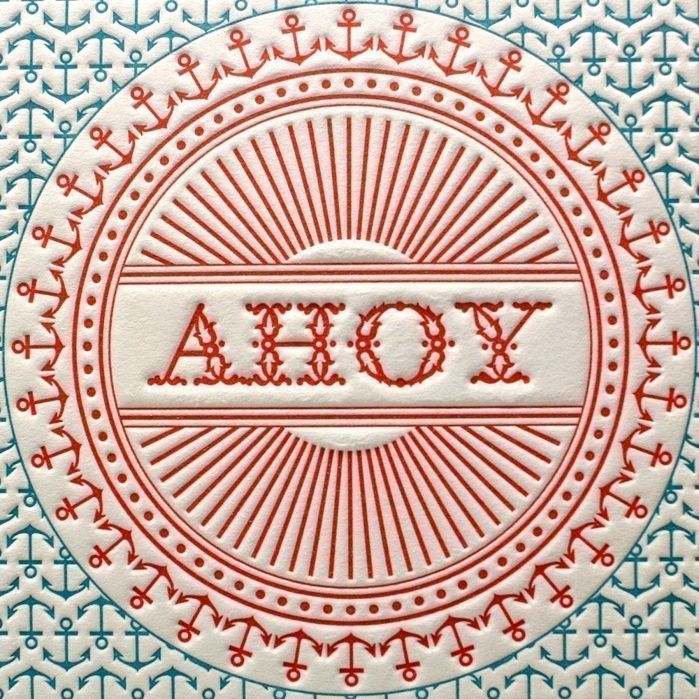 Letterpress Print Anchor Ahoy There Red & Blue