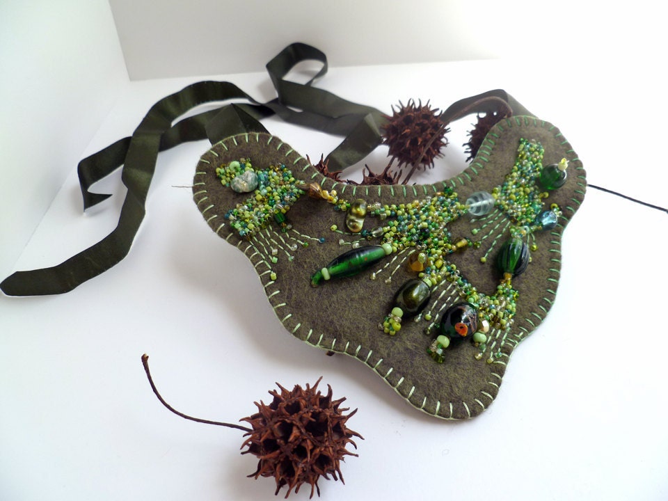 Green meadow III, fiber art bib necklace, bead embroidery