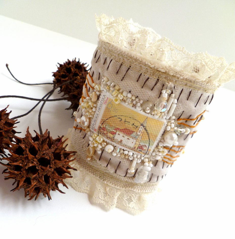 Croatian Church, wearable art cuff, unique fiber art free style hand embroidery