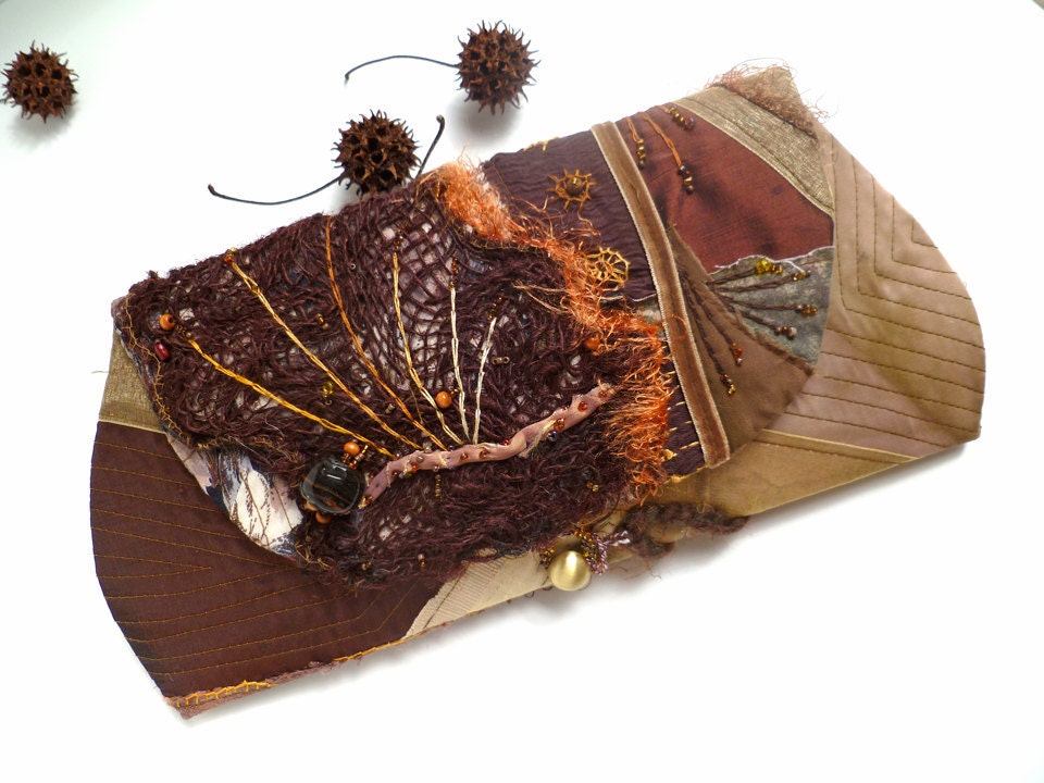 Brown fantasy, unique fiber art autumn clutch