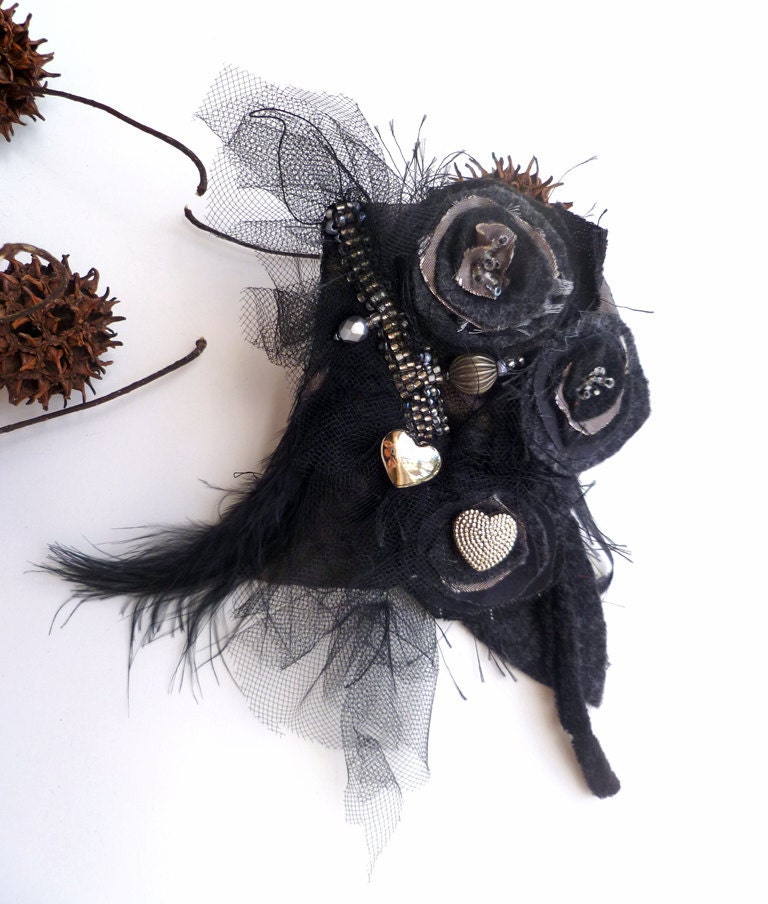 Fantasy VI, unique wearable fiber art black bead embroidered pin