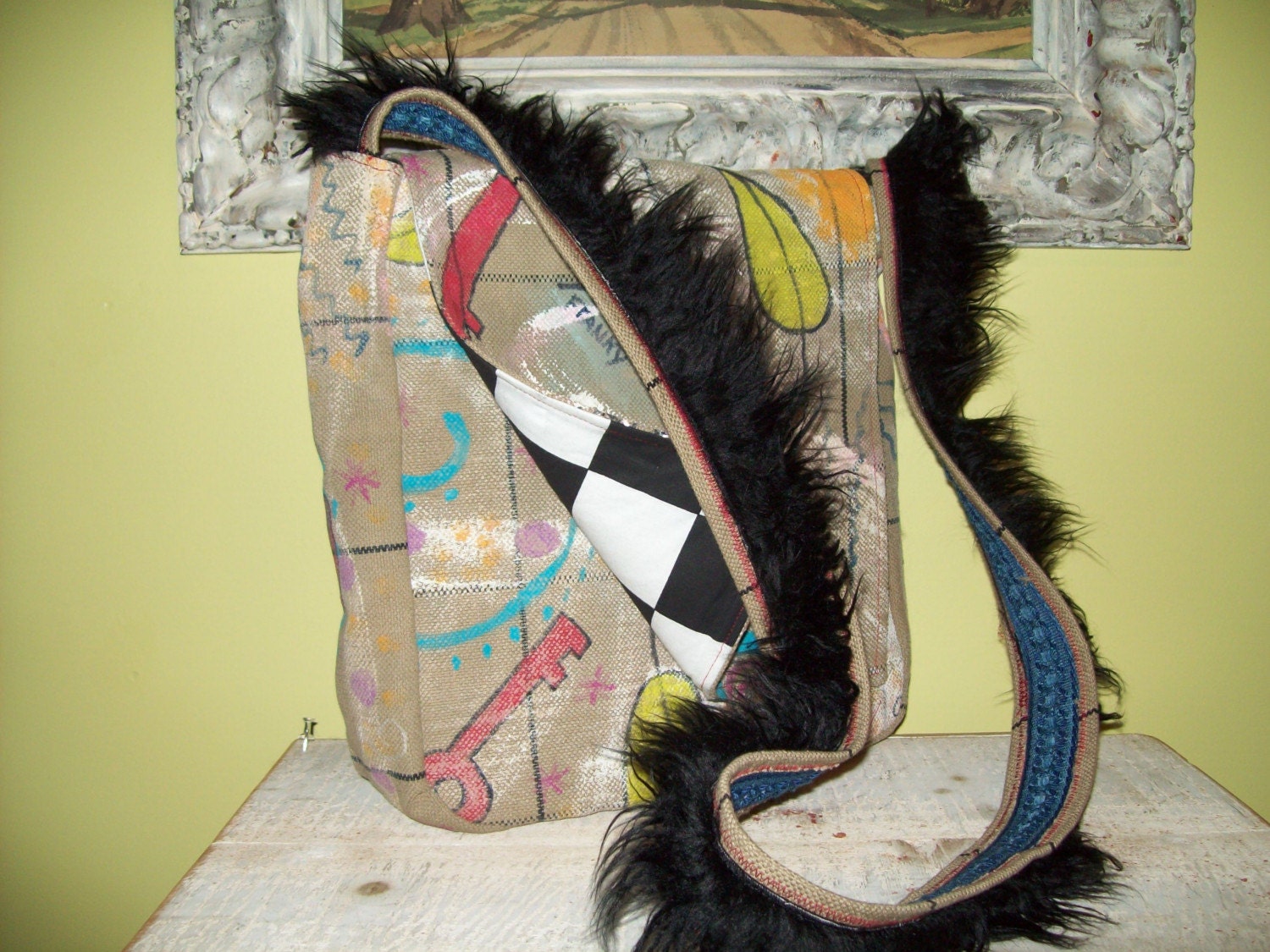 COUPON CODE SALE Messenger bag handpainted on canvas with faux fur strap one of a kind.