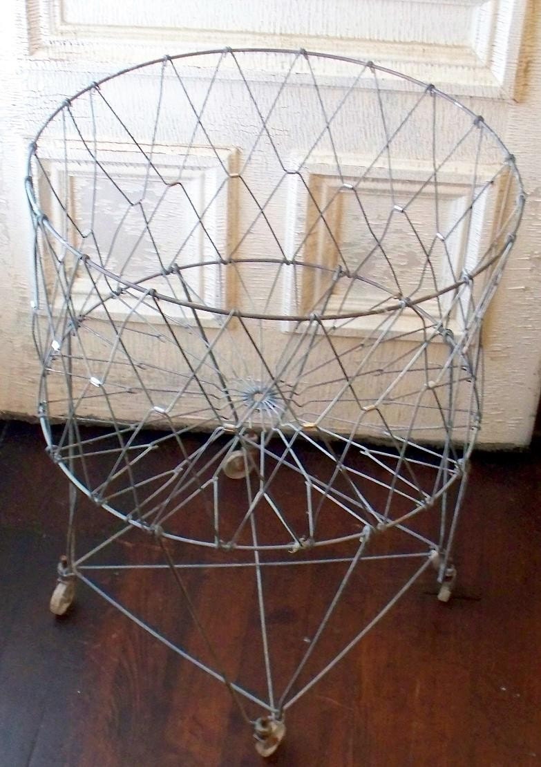 Vintage Folding Rolling Wire Laundry Basket